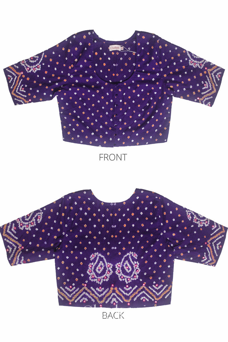 Flat front and back view of traditional Purple Bandhani Cotton Blouse with intricate mirror embroidered Keri - Paisley motifs and boria fabric buttons.
