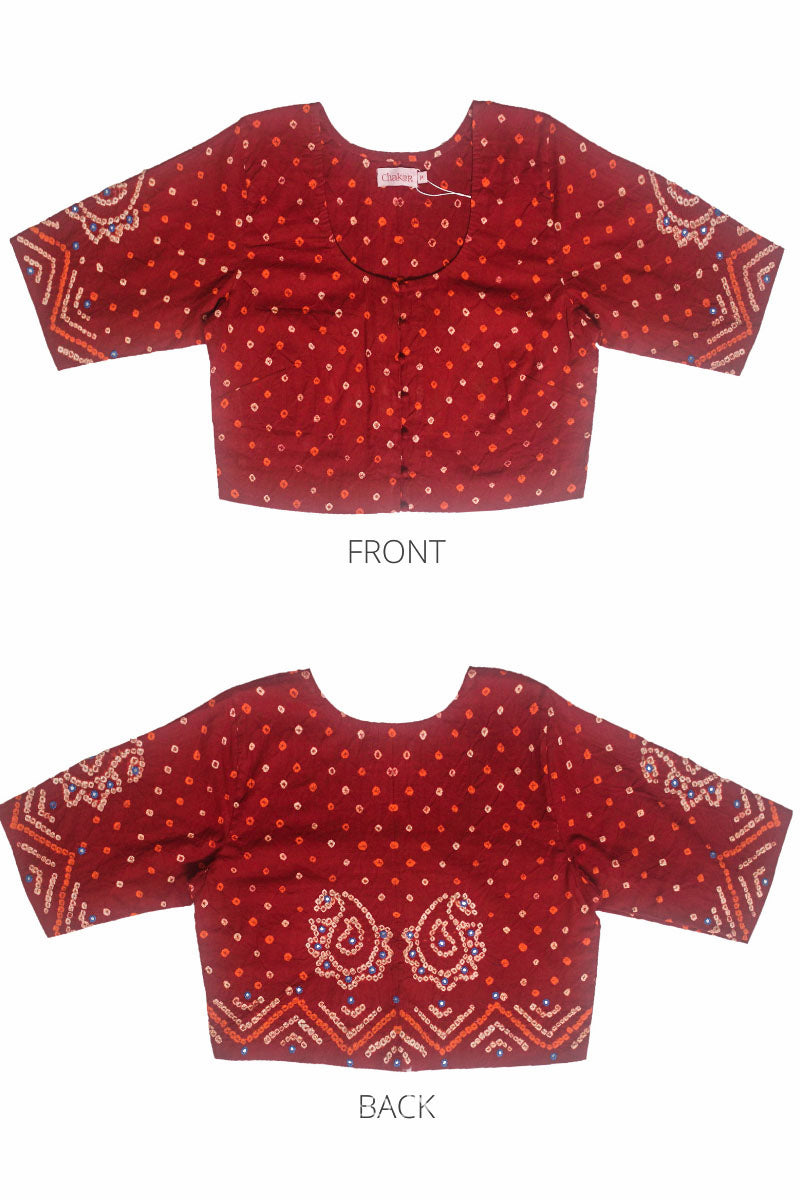 Flat front and back view of traditional Red Bandhani Cotton Blouse with intricate mirror embroidered Keri - Paisley motifs and boria fabric buttons.