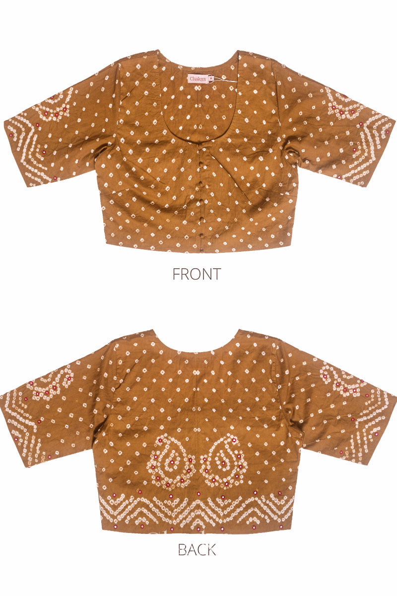 Flat front and back view of traditional Mustard Yellow Bandhani Cotton Blouse with intricate mirror embroidered Keri - Paisley motifs and boria fabric buttons.