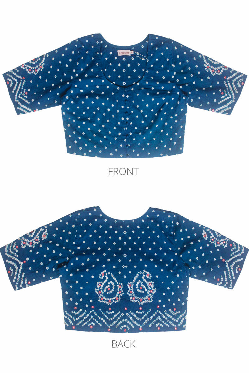 Flat front and back view of traditional Indigo Blue Bandhani Cotton Blouse with intricate mirror embroidered Keri - Paisley motifs and boria fabric buttons.