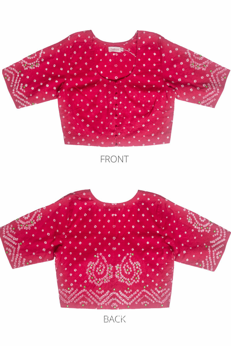 Flat front and back view of traditional Strawberry Pink Bandhani Cotton Blouse with intricate mirror embroidered Keri - Paisley motifs and boria fabric buttons.